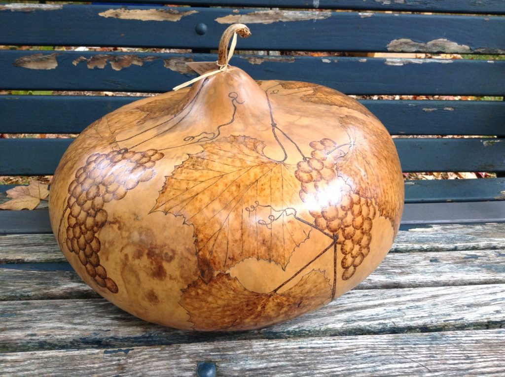LKreations by Linda Keech, Gourd Art: "Grapes Vining" - Pyrography (wood burning gourd art)