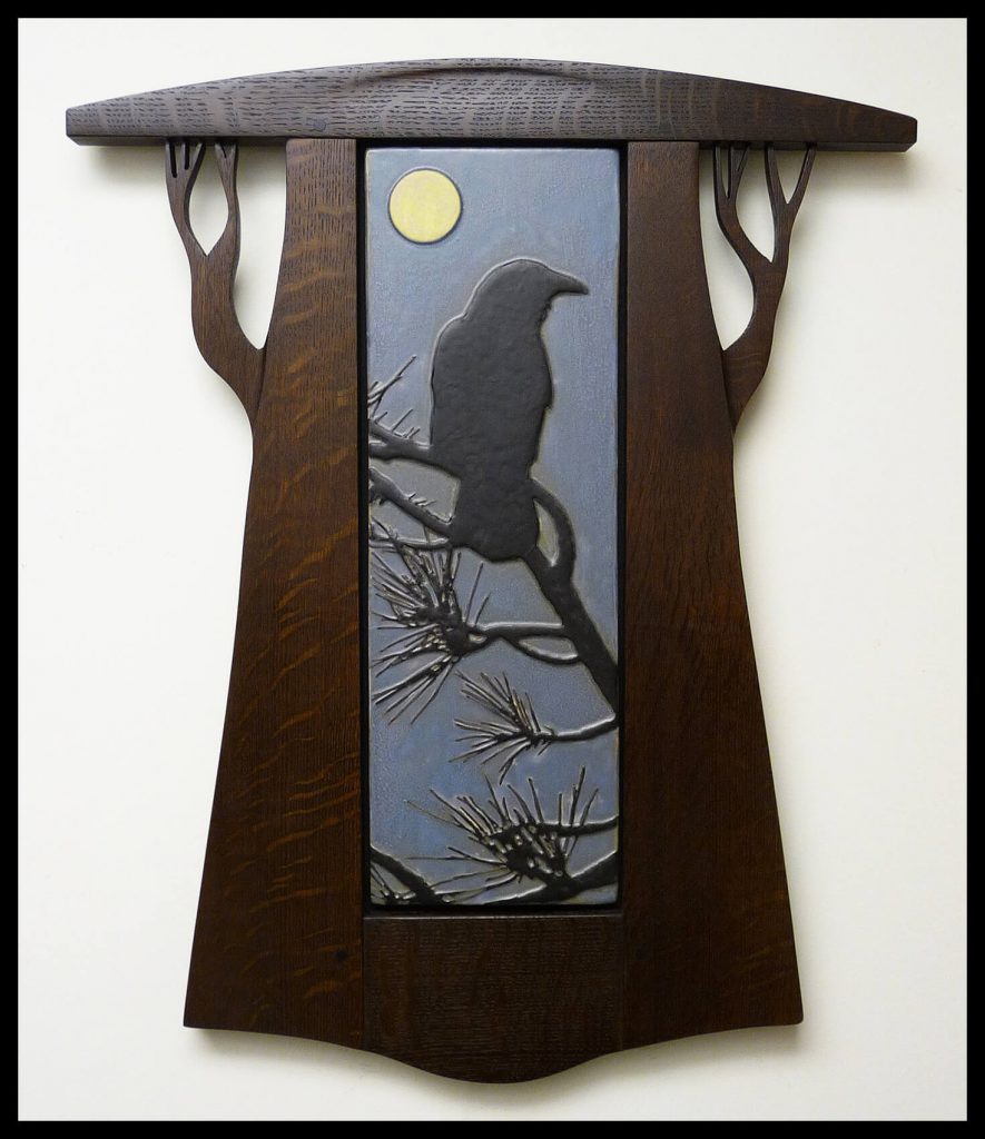 Mission Guild Studio, "Crow in Pines with Harvest Moon", framed wall tile set, handmade red clay