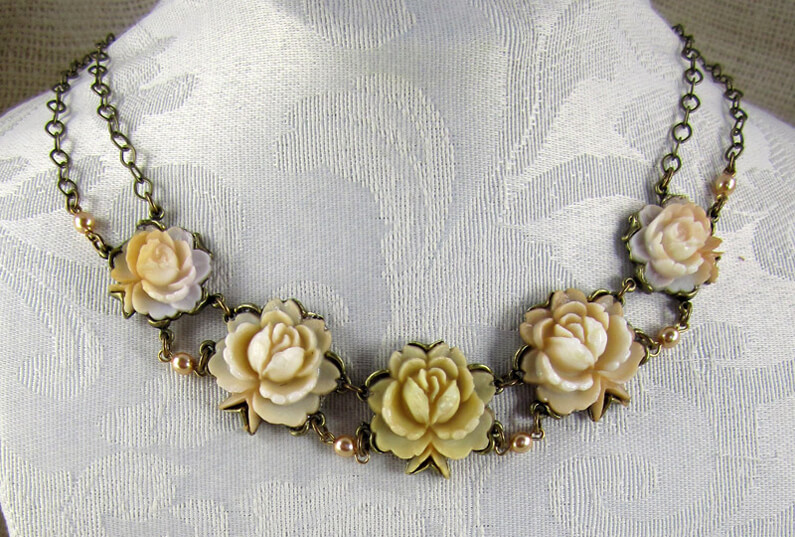 Fleurs Jolies by Maya Branman, authentic cellulose flowers from the 1950's, pewter, hand-carved, handmade jewelry