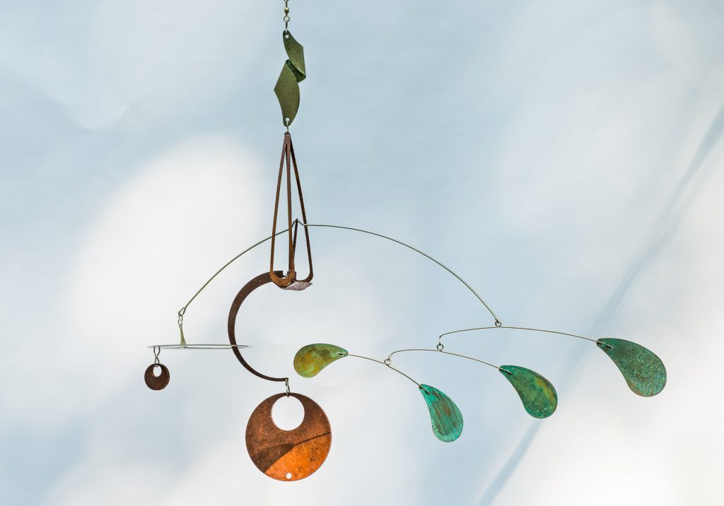 Woodstock Mobiles by Ursula Perry; mobiles and stabiles are made of copper, stainless steel and pre-rusted steel. Hand bent and hand balanced kinetic sculptures with no maintenance required and weather resistant.