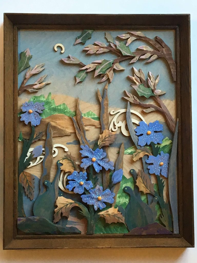 Meadowood by JoAnn VanDeCarr: "Wild Life", carved wood-layered landscape with acrylic highlights